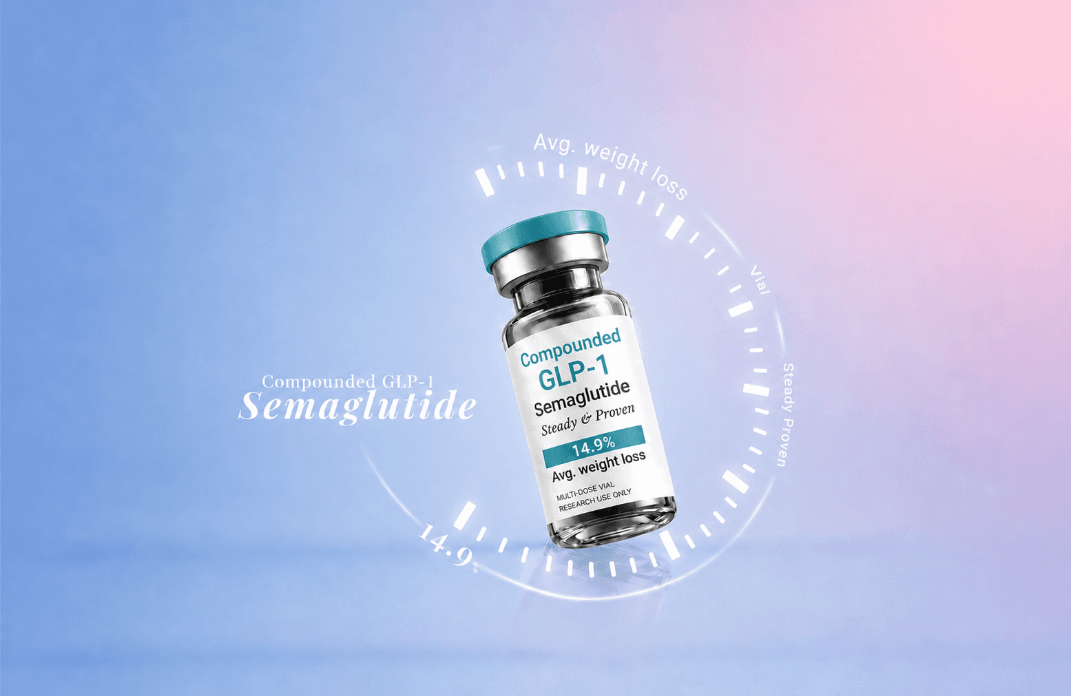 Compounded semaglutide GLP-1 weight loss vial with modern clinical wellness branding