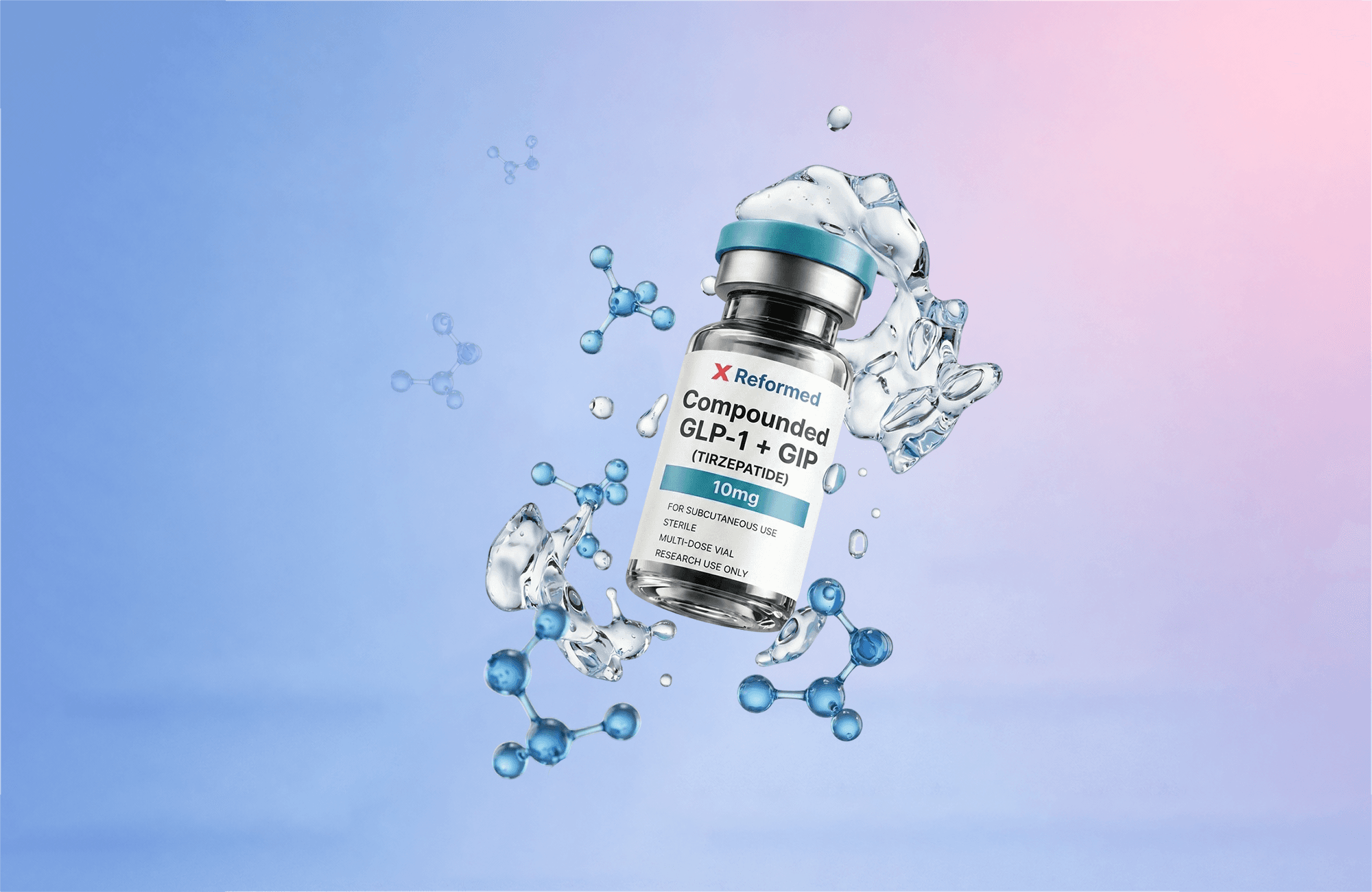 Compounded tirzepatide GLP-1 and GIP weight loss medication vial with molecular science graphics