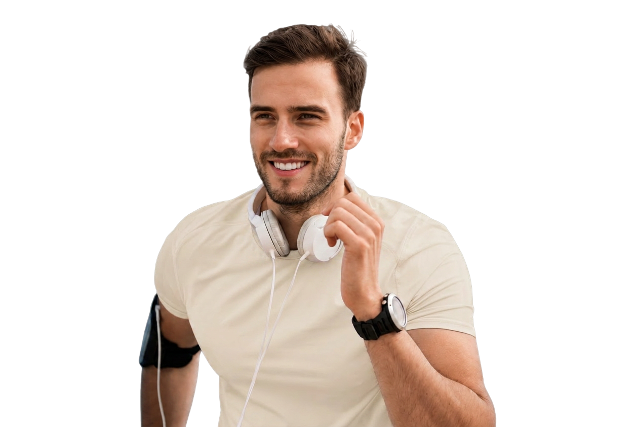 Active man with headphones representing daily supplement wellness
