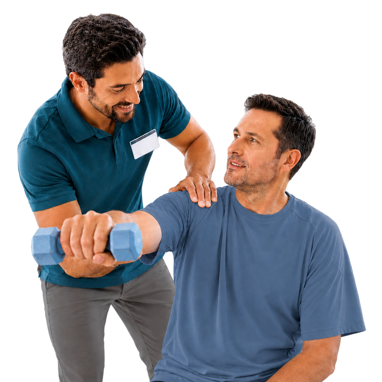Trainer assisting a client with strength training